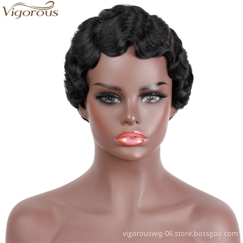 Vigorous Short Finger Wave Cheap Wigs For Women Hair Pixie Cut Machine Made  Synthetic  Wigs No Lace Front
